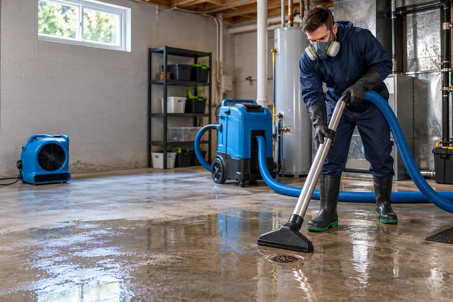 Protected technician cleaning a sewage backup near a drain