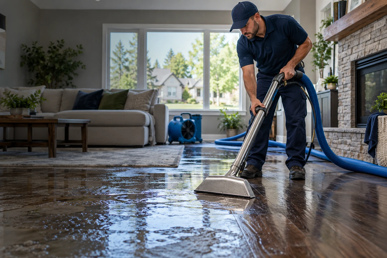 Technician extracting water from a living room